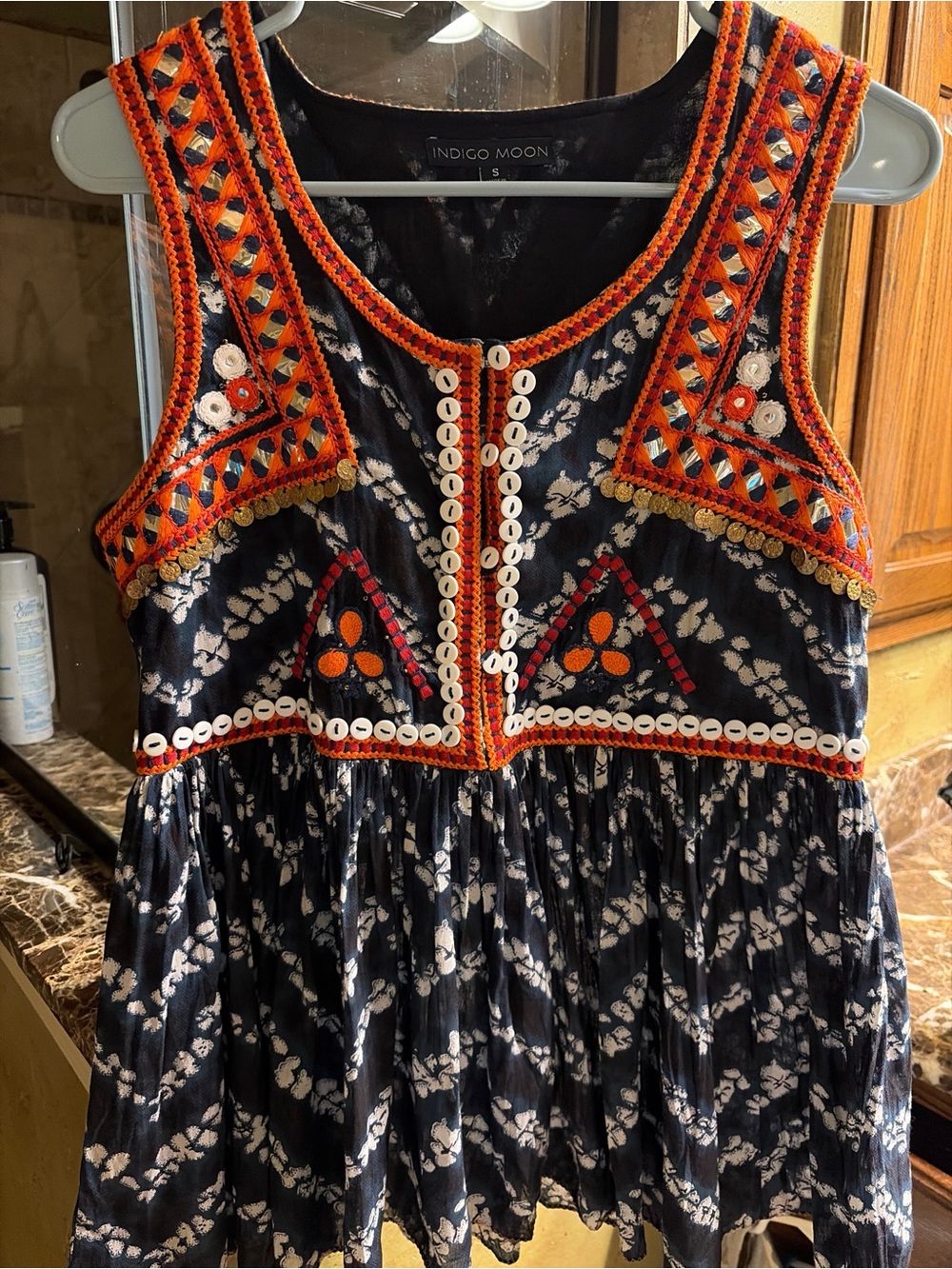 Indigo Moon Navy Floral Tank Top with Orange Embroidered Trim